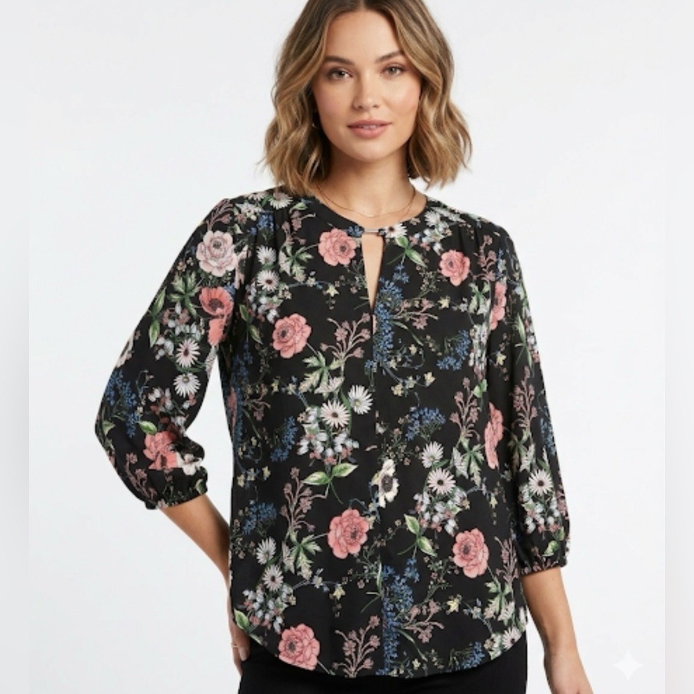 Pleione Womens Black Floral Split Neck 3/4 Sleeve Blouse Top WQZ54773 Size S
